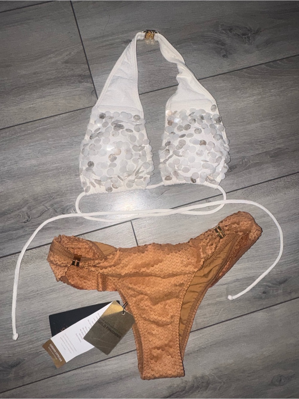 White Sequin Halter Bikini Top with Tan Textured Bottoms
